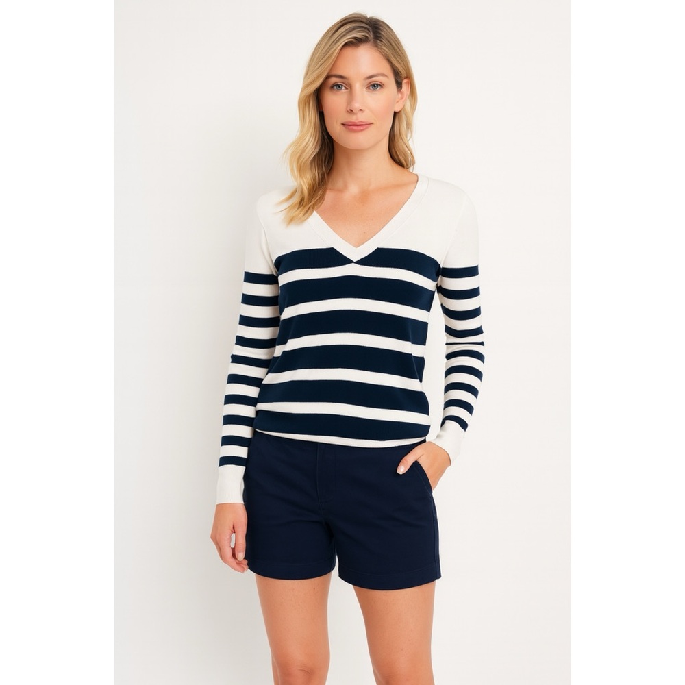 J. Crew Womens Black White V-Neck Long Sleeve Stripe Pullover Size S